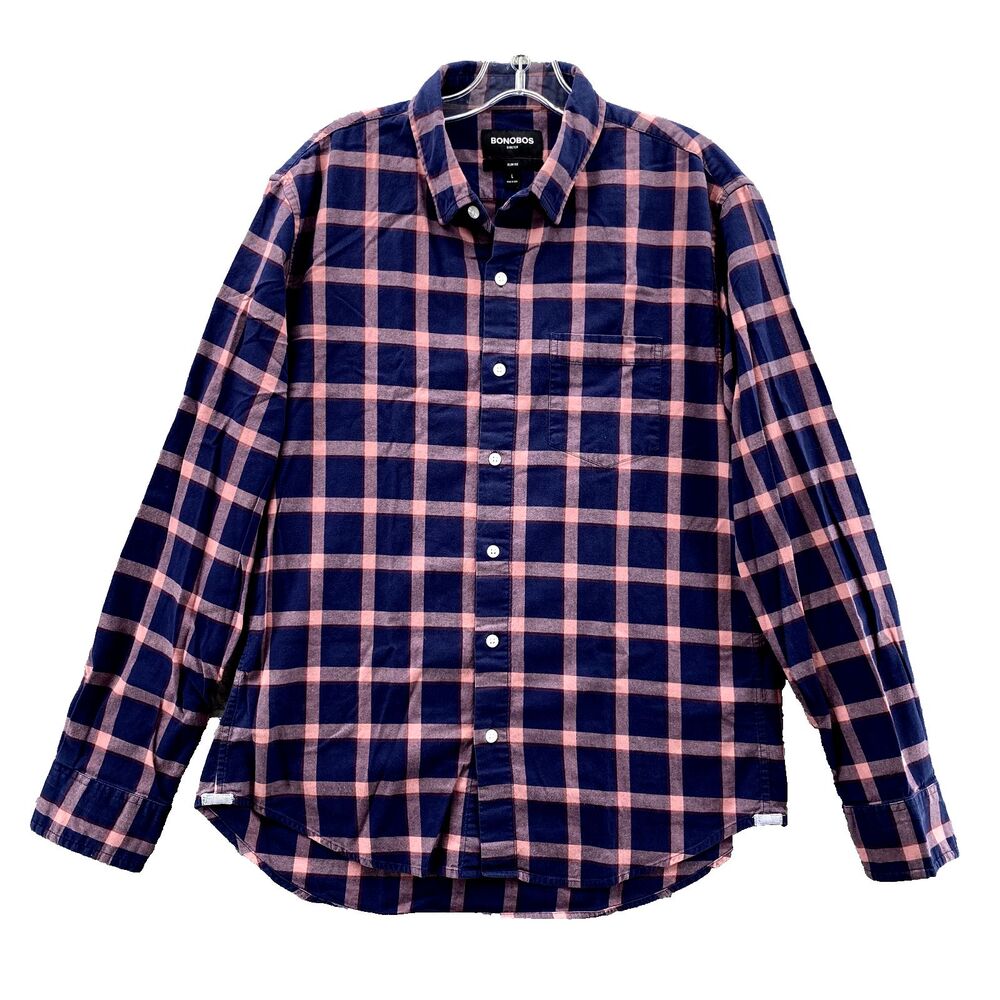 Bonobos Shirt Men Large Blue Pink Plaid Slim Fit Preppy Academia Business Casual